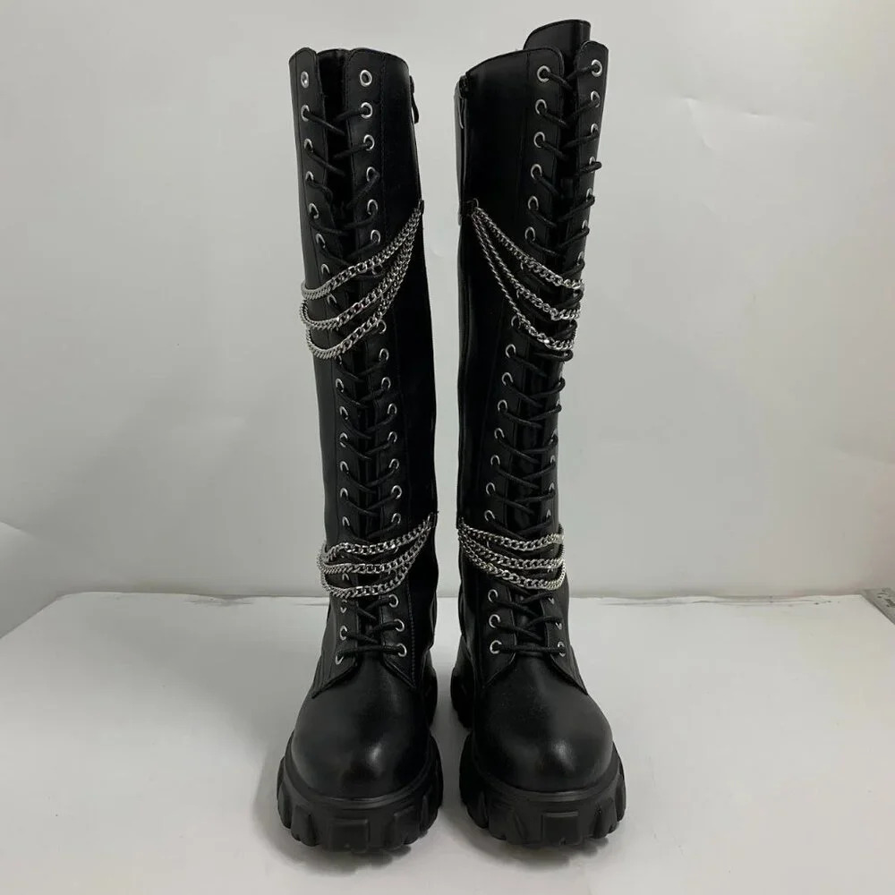 Hot Topic Women’s Black‎ Chains Platform Side Zip Knee-High Boots Size 10 NWOB - Picture 9 of 16